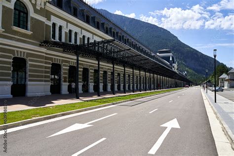 Traffic signs on the floor of the hotel parking lot at the old Canfranc ...