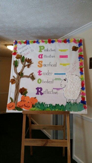 Pastor appreciation bulletin board. The grass is the kids handprints curled with a penci ...