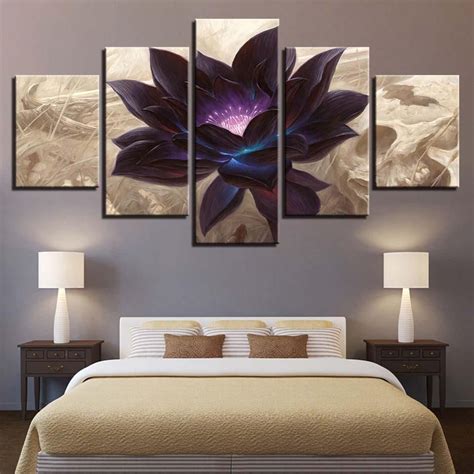 Black Lotus Flower Painting Framed 5 Piece Canvas Wall Art | Modular ...