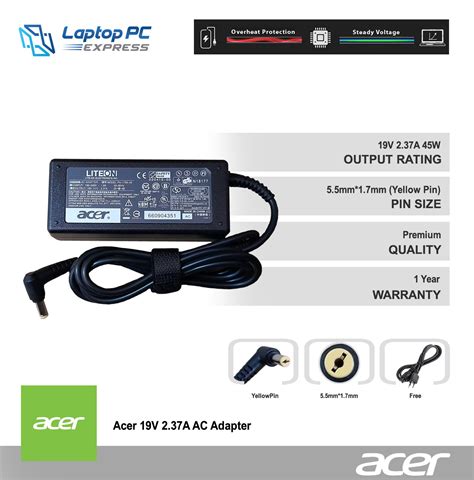 Laptop Charger Adapter 19V 2.37A 45W 5.5mm x 1.7mm Compatible with Acer ...