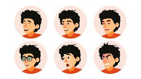 Junior Character Business People Avatar Vector. Developer Teen Man Face, Emotions Set. Creative ...