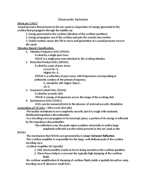 OAE Study Guide - Otoacoustic Emissions What are OAEs? -Sound pressure that presents in the ear ...