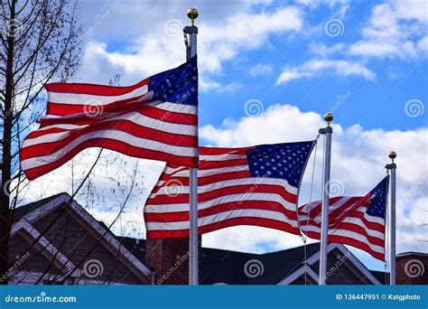 Three American Flags Blowing in the Wind Stock Image - Image of america ...