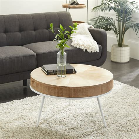 DecMode Round Natural Wood Top Coffee Table With Distressed White Metal ...