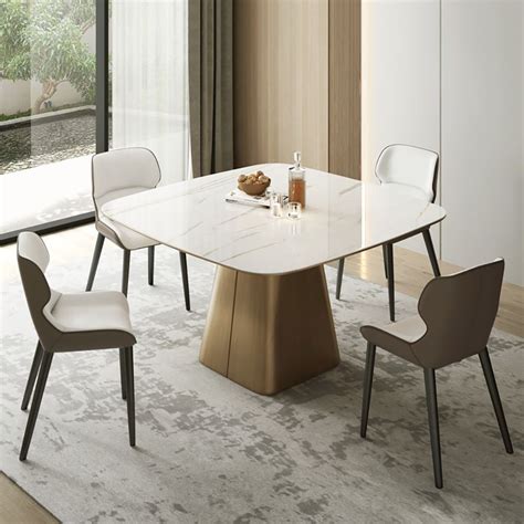 51.2" Modern Square Dining Table with Stone Top & Carbon Steel Trestle ...
