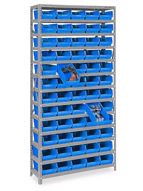 Shelf Bin Organizer - 36 x 18 x 75" with 7 x 18 x 4" Blue Bins H-1776BLU - Uline