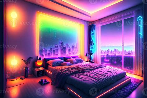 modern bedroom interior with neon lights glowing ambient in the evening ...