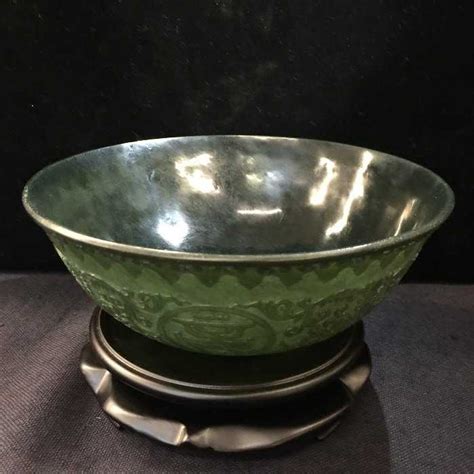 Antique Finely Spinach Jade Bowl With Carved Blessing