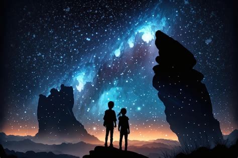 Premium AI Image | Starry sky at night Boy and girl are standing on the rocky cliff and looking ...