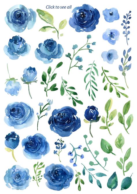 Blue Watercolor Roses Flowers Leaves | Blue flower painting, Watercolor ...