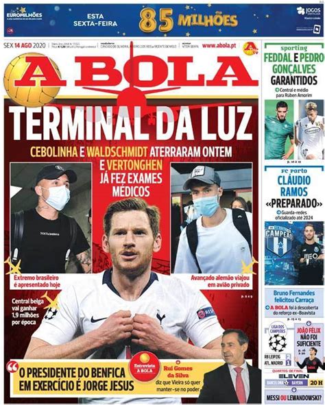 Capa Jornal A Bola - 14 agosto 2020 - capasjornais.pt