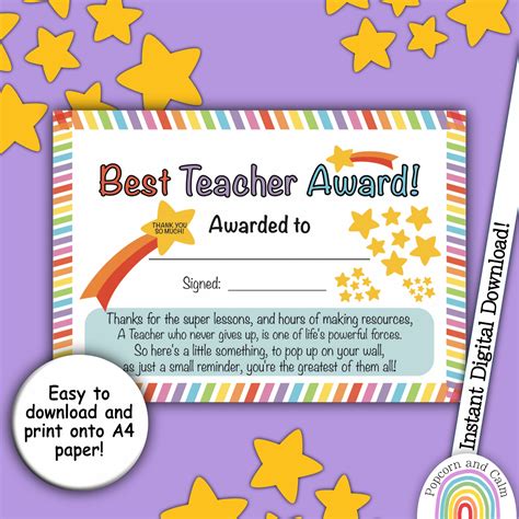 Best Teacher Award, Teacher Thank You Card, Thanks Teacher, Award ...