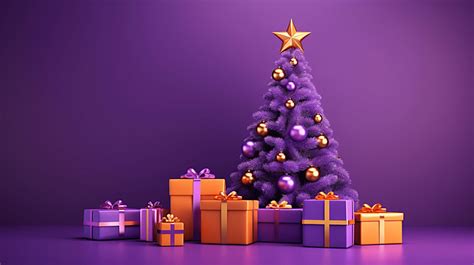 Closeup Of Colorful Gift Boxes And A Paper Christmas Tree In The Purple Background, Christmas ...