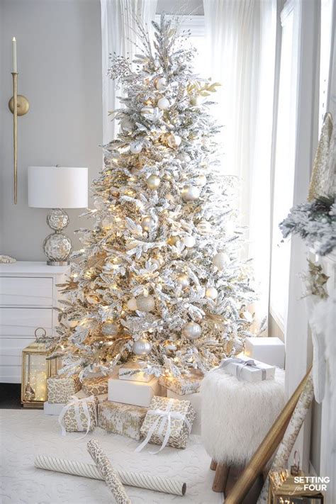 Elegant Gold and White Flocked Christmas Tree | White flocked christmas ...