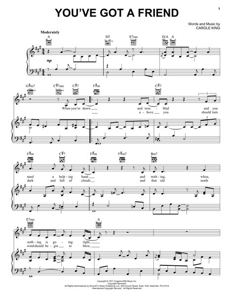 You've Got A Friend by Carole King Sheet Music for Piano, Vocal & Guitar Chords (Right-Hand ...