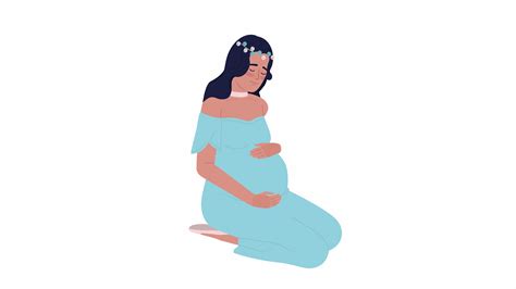 Animated soon-to-be mother. Woman with floral crown hugging pregnant belly. Flat character ...