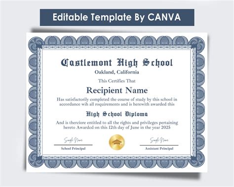 High School Diploma, Diploma Template, Canva Editable Homeschool Diploma, Graduation Diploma ...