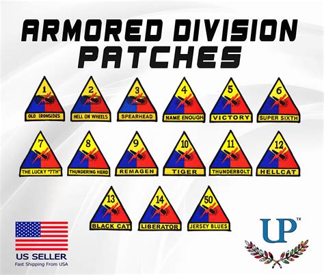 Embroidered US Army Armored Divisions Iron on Patches, Armored Division ...