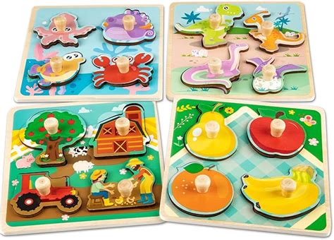 Wooden Toddler Puzzles, Funsland Peg Puzzles Gifts Toys, 4 Pcs Eco Friendly Animal Patterns ...