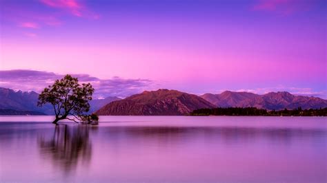 Landscape Of Mountains And Body Of Water Under Purple Sky HD Nature Wallpapers | HD Wallpapers ...