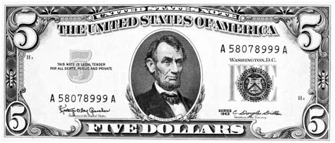 Five Dollar Bill. /Npresident Abraham Lincoln On The Front Of A U.S Five Dollar Note, 1963 ...