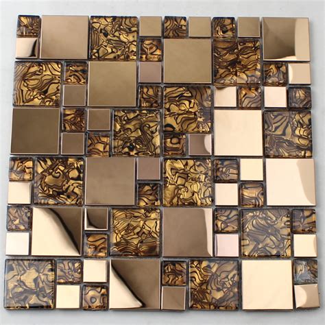 Gold Glass Mosaic Tile Backsplash Stainless Steel Metal & Crystal Tile