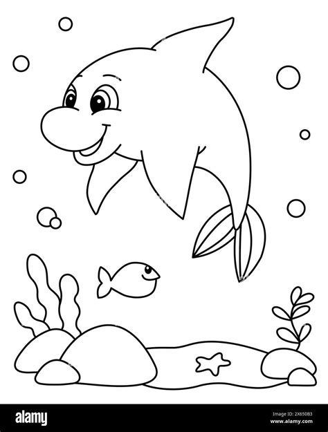 Cute Dolphin Coloring Page. Ocean Animals Coloring Book For Kids. Under The Sea Vector ...