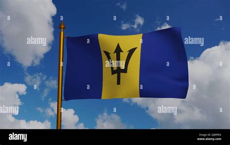 National flag of Barbados waving 3D Render with flagpole and blue sky ...