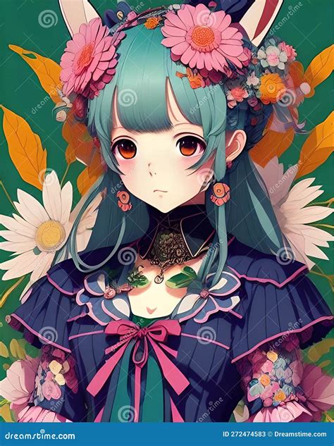 Cute Anime Girl in Beautiful Dress with Blue Hair Flowers Portrait Romantic Fantasy Illustration ...