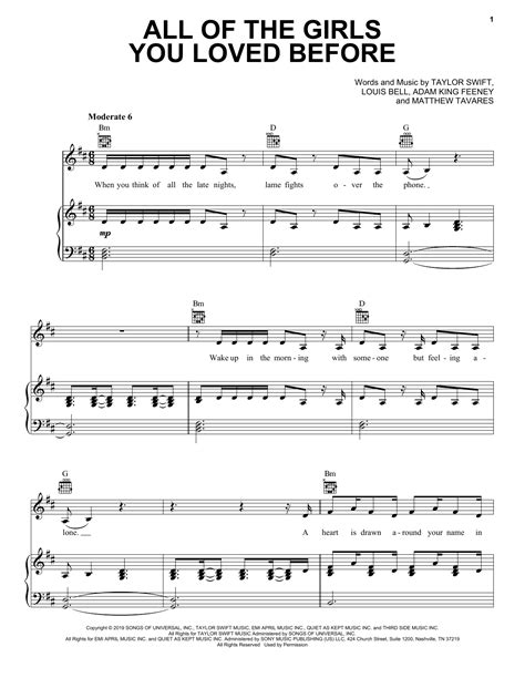 All Of The Girls You Loved Before by Taylor Swift Sheet Music for Piano ...