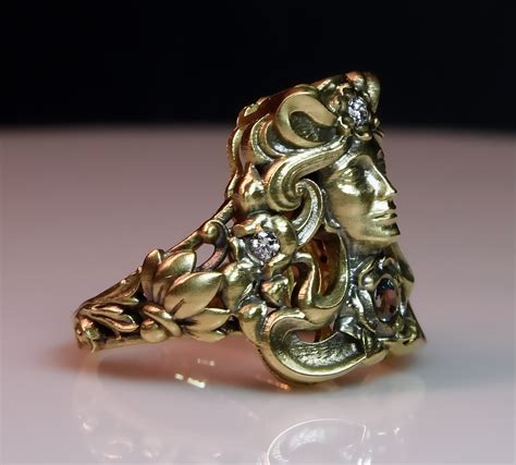 Art Nouveau Lady Ring 14k Gold Set With Diamonds and Natural ...