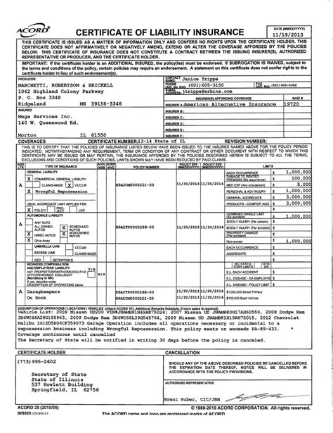 Insurance Certificate - Mega Services Inc. Mega Services Inc ...