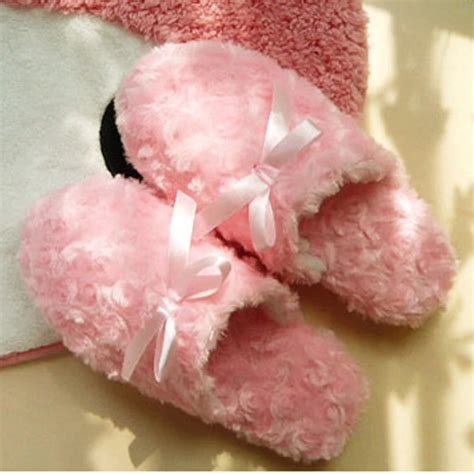 New Autumn Winter Cute Bow Pink Slippers Women Plush Soft Roses Velvet ...