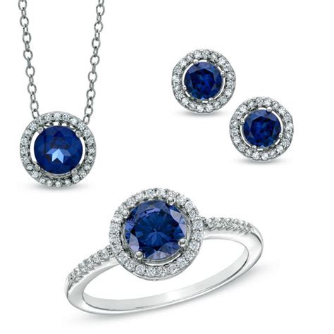 Lab-Created Blue and White Sapphire Pendant, Ring and Earrings Frame ...