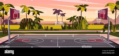 Vector cartoon background of basketball court on street. Outdoor sport ...