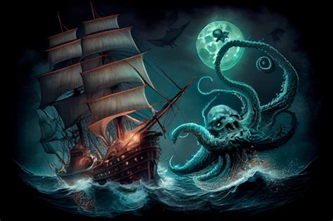 Premium Photo | A giant octopus kraken monster attacking a pirate ship in the dark ocean ...