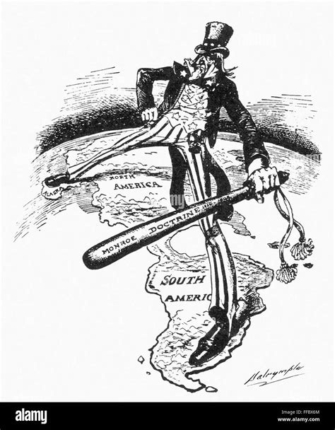 MONROE DOCTRINE CARTOON. /nUncle Sam straddles the Americas while wielding a big stick labeled ...