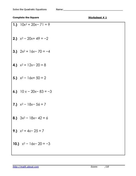 Solve Quadratic Equations by Competing the Square Worksheets