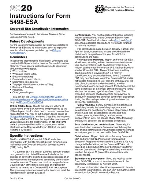 Download Instructions for IRS Form 5498-ESA Coverdell Esa Contribution Information PDF, 2020 ...