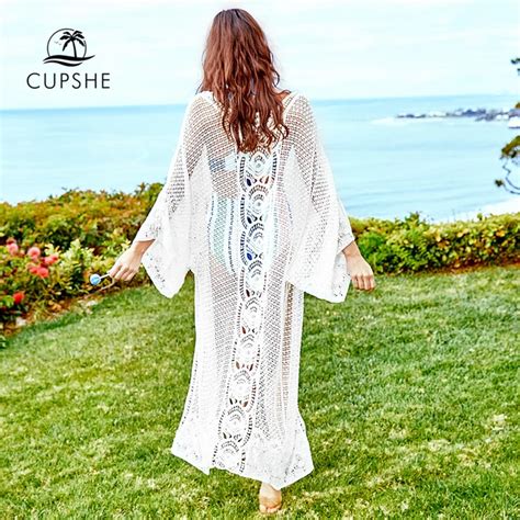 CUPSHE Vocation White Lace Beach Open Front Cover Up Long Dress 2019 Women Sexy Long Sleeve ...