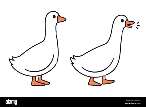 Cute cartoon goose standing and walking. Simple white goose drawing ...