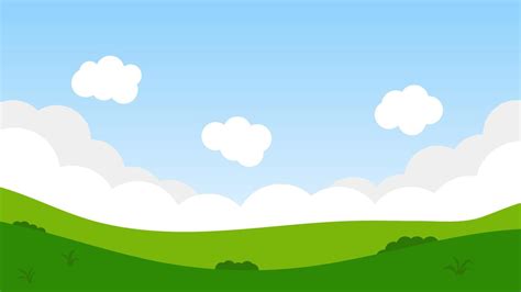 landscape cartoon scene with green trees on hills and white fluffy cloud in summer blue sky ...