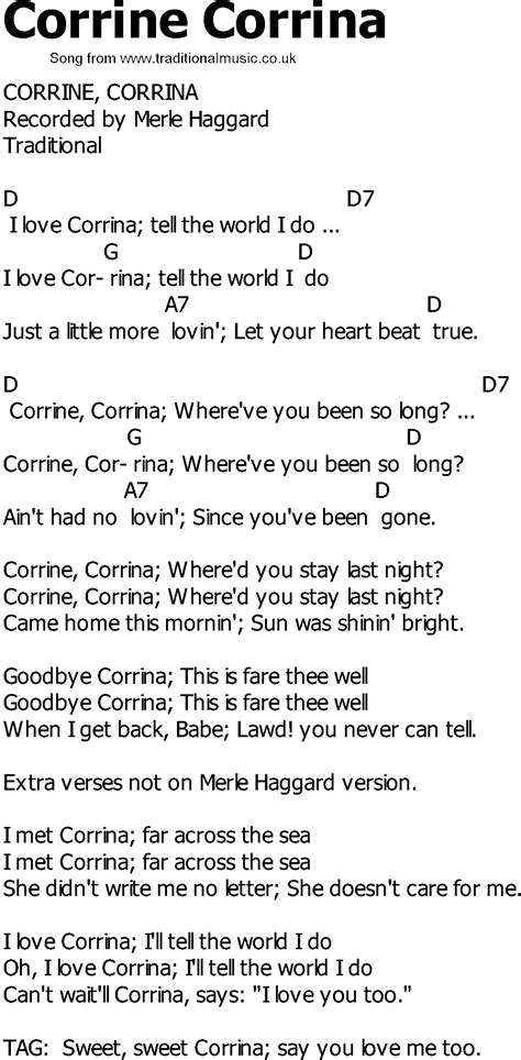 Old Country song lyrics with chords - Corrine Corrina