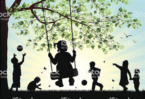 Vector illustration silhouettes of children playing in the park.... | Kids silhouette ...