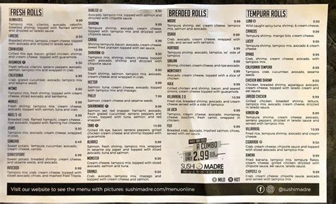 Menu at Sushi Madre restaurant, Laredo, McPherson Rd