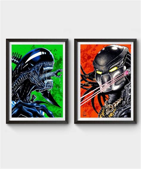 ALIEN Vs PREDATOR X2 Movie Poster Limited Hand Drawn Prints A4 8.5 X 11 ...