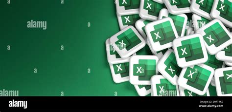 Logos of the Microsoft Office component Excel on a heap. Copy space. Web banner format Stock ...