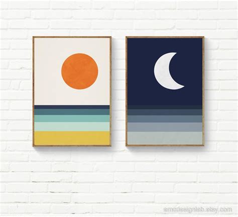 Geometric Abstract Landscape, Beach Sea Sun Abstract Midcentury Modern Wall Art, Minimalist ...