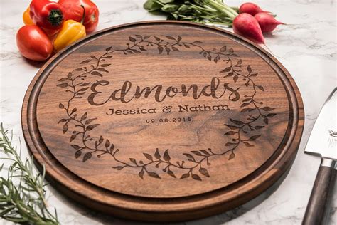 Engraved Round Wood Cutting Board Personalized Wedding Gift for Couple