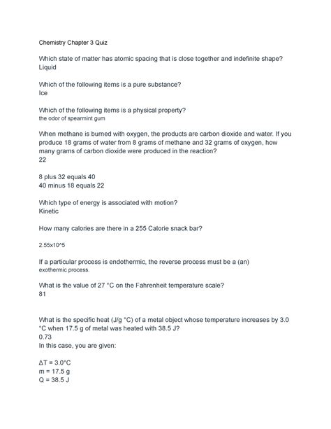 Chapter 3 Quiz - quiz - Chemistry Chapter 3 Quiz Which state of matter ...